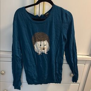 Talbots Teal Sweater with Hedgehog Design